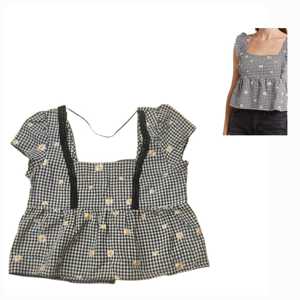 NEW! KIRIOUS Cotton Gingham Daisy Embroidered Cap Sleeve Peplum Top Small.